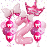 32" Number 2 Balloon Set with Bows & Crown Pink Princess Birthday Decor for Girls