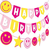 Preppy Birthday Party Banners Preppy Birthday Decoration 3Pcs Pink And Yellow Preppy Smiley Face Happy Birthday Banners For Preppy Smile Face Star Lightning Theme Party Baby Shower Supplies