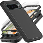 For Google Pixel 9 Case/Pixel 9 Pro Case, Grade 3 In 1 Heavy Duty Shockproof/Drop Proof/Dust Proof Case With 2Pcs Tempered Glass Screen Protector (Black/Black)