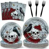 96pcs Halloween Gothic Skull Plates and Napkins Rose Crow Disposable Tableware Serves 24