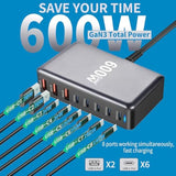 600W Usb C Fast Laptop Charging Station, 8 Port Multi Charger Block Gan Iii Fast Charging Brick Charger For Multiple Devices 140W Pd3.0 Pps Compatible With Macbook Pro/Air/Ipad Iphone 16/15/14/13