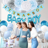 36pcs Blue Baby Decorations Grey Pom Poms, Silver & Blue Balloons, Banner