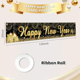 Happy New Year Yard Sign Banner 20x120in Black Gold 2026 Party Decor