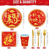 170Pcs Chinese New Year Tableware Set, Red & Gold Festival Design For 24 Guests, Includes Plastic Cutlery, Paper Plates, Cups & Napkins, Tablecloths, Spring Occasion