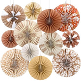 12 Pcs Boho Classroom Hanging Paper Fans 8'' 12'' 16'' Boho Classroom Decoration Rainbow Round Paper Fans Garlands Neutral Rustic Flower Leaf Wall Decor For School Office Party Decor