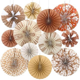 12 Pcs Boho Classroom Hanging Paper Fans 8'' 12'' 16'' Boho Classroom Decoration Rainbow Round Paper Fans Garlands Neutral Rustic Flower Leaf Wall Decor For School Office Party Decor