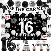 16Th Birthday Party Decorations For Boys, Hide The Car Keys 16 Years Old Banner, Black 16Th Number Balloons & Cake Topper, Glitter Black Sweet 16 Party Honeycomb Hanging Swirl, Bro I'M 16