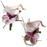 2 Pieces Corsage And Boutonniere Set, Artificial Calla Lily& Orchid Flowers Accessories Decorations For Wedding Prom Party Celebration Suit- Pink (W4-X2-Ll)