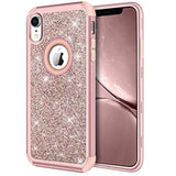 Rose Gold Heavy Duty Full-Body Defender Protective Bling Glitter Sparkle Hard Shell Armor Hybrid Shockproof Silicone Rubber Bumper Cover for iPhone XR 6.1-Inch
