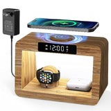 Bamboo Wireless Charging Station,Wireless Charger With Digital Alarm Clock And Night Light, Fast Charger Stand For Iphone 15/14/13/12/11 Pro Max/X/Xs, Airpods Pro, Iwatch Series 8/7/6/5/Se