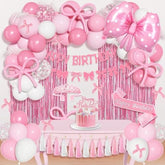 Pink Bow Birthday Decorations, Coquette Themed Party Supplies With Light Pearl Pink White Confetti Long Balloons Happy Birthday Banner Paper Tassel Cake Toppers For Women Girls Baby Shower