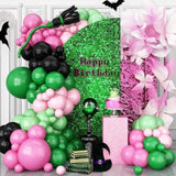 Pink Green Black Balloon Arch Kit,130Pcs Black Green Pink Witch Balloon Garland With Long Latex Balloons Different Size For Birthday Halloween Party Decoration