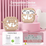(With Cute Keychain) Compatible With Apple Airpods 4 Case 2024 Women, Soft Silicone Two-Tone Funny Cartoon Engraved Portable 360° Full Protection Anti-Scratch Air Pod 4 Case Khaki/White