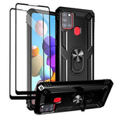 For Samsung Galaxy A21S Case With Tempered Glass Screen Protectors, Military-Grade Metal Ring Kickstand 15Ft Drop Tested Shockproof Cover For Samsung Galaxy A21S Black