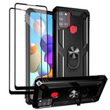 For Samsung Galaxy A21S Case With Tempered Glass Screen Protectors, Military-Grade Metal Ring Kickstand 15Ft Drop Tested Shockproof Cover For Samsung Galaxy A21S Black