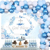 Baptism Decorations For Boys Blue - God Bless Party Decorations Blue & Silver Balloon Garland Kit With Backdrop Cross Foil Balloon For First Communion Confirmation Party Supplies