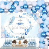 Baptism Decorations For Boys Blue - God Bless Party Decorations Blue & Silver Balloon Garland Kit With Backdrop Cross Foil Balloon For First Communion Confirmation Party Supplies