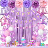 Purple Pink Birthday Decorations,Princess Party Decorations For Women Girls With Pink Purple Balloons Happy Birthday Banner Fringe Curtain Tissue Pompoms Star Garland