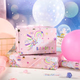 Pink Unicorn Birthday Wrapping Paper Roll For Girls Women, Have A Magical Birthday & Rainbow, Stars, Gold Foil Design For Baby Girl, Baby Shower, Mini Roll, 17 Inches X 16.4 Feet