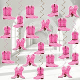 60Pcs Western Cowgirl Themed Party Hanging Swirls Pink Boot Hanging Swirls Decorations Western Cowgirl Boot Banner For Retro Baby Shower Cowboy Birthday Favors Supplies
