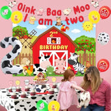 Farm Animal 2Nd Birthday Party Decorations, Oink Baa Moo I Am Two Party Decorations Backdrop Banner Cake Cupcake Topper Cow Print Number 2 Foil Balloon For Boy Girl 2 Year Old Birthday