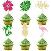 24Pcs Tropical Luau Cupcake Toppers Glitter Palm Tree Flamingo Pineapple Aloha Cupcake Picks Decorations For Hawaiian Luau Theme Birthday Party Supplies