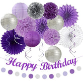 Purple Lilac-Lavender Silver Women Birthday Party-Decorations - 21Pc Happy Banner,Paper Lanterns Streamers,Tissue Pom Poms Honeycomb Flower Fan, Girls Hanging Decor Supplies Garland Backdrop