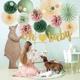 14pcs Dusty Rose Sage Baby Shower Decor with Pom Poms, Lanterns & Banner