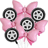 8 Pcs Wheel Balloons Car Tires Pink Bows Mylar Race Car Gender Reveal Party Decor