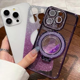 Glitter Kickstand Case For Iphone 15, Luxury Bling Sparkly Diamond Rhinestone With Camera Lens Protector Liquid Flowing Ring Stand Tpu Bumper Slim Women Girls Case For Iphone 15 6.1" (Silver)