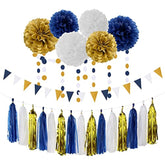 Navy Blue White Gold Party Decoration 23Pcs Kits-Paper Flowers,Banner Flags,Circle Banner,Tassel Garland Birthday Bachelorette Boy Baby Shower Gender Reveal Graduation Decorations