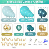 168Pcs Teal Balloons Garland Arch Kit, Double-Stuffed Dark Teal Blue Turquoise Metallic Gold Green Balloons With 12Pcs Butterfly For Birthday Wedding Baby Shower Party Decorations