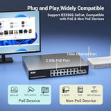 16 Port 2.5G Poe Switch Unmanaged With 16 Port 2.5Gb Base-T Poe+@250W + 2 X 10G Rj45 Uplink, 18 Port 2.5Gbe Ieee802.3Af/At Power Over Ethernet Switch, Support Wifi6 Ap, Nas, 4K Poe Camera Nvr.