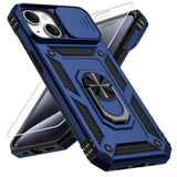 For Iphone 15 Plus Case, Slide Lens Cover, Hd Screen Protector, Military Grade Drop Protection, Magnetic Rotated Ring Holder Kickstand Protective Phone Case (Navy Blue)