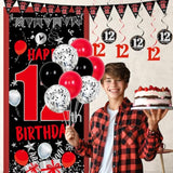 12th Birthday Decorations Red Black Banner Balloons Tablecover Party Decor
