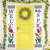 Welcome Spring Floral Porch Sign Vintage Tulip Flowers Banner Door Sign Decorations Spring Buffalo Plaid Hanging Door Banner For Front Door Indoor Outside Wall Porch Banners Decor Party Supplies