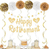 Gold Happy Retirement Party Decor Set with Banner, Swirls & Pom Poms