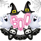 Pink Halloween Balloon Set: BOO Ghost, Bat, Witch Hat Foil Decor