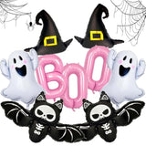 Pink Halloween Balloon Set: BOO Ghost, Bat, Witch Hat Foil Decor