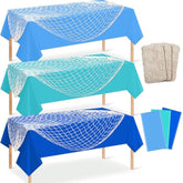 3 Set 6 Pcs Fish Net And Tablecloth Set,Cotton Fishnet And 3 Blue Color Disposable Plastic Table Cover For Mermaid,Baby Shower,Birthday,Ocean Pirate Under The Sea Party Decorations,54 X 108Inch