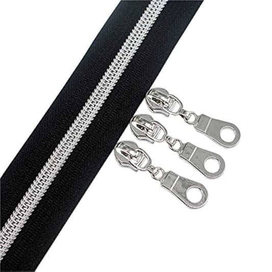 #5 Silver Metallic Nylon Coil Zippers By The Yard Bulk Black 10 Yards