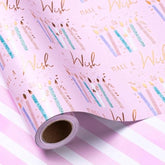 Reversible Birthday Wrapping Paper Roll - Purple Candle & White Stripe Metallic Foil Gift Wrap For Girls, Women, Party, Celebration - Mini Roll, 17 Inches X 32.8 Feet