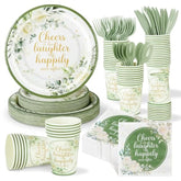 350 Pcs Eucalyptus Leaves Bridal Shower Paper Plates Napkins Cups Disposable Sage Green Tableware Set With Knives Forks Cheers To Love Party Favors For 50 Guest Wedding Engagement Decor