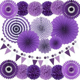 Purple Party Decorations With Hanging Paper Fan, Tissue Paper Pom Poms, Circle Dots Garland, Triangle Pennant For Birthday Bridal Shower Wedding Party Decorations (Purple)
