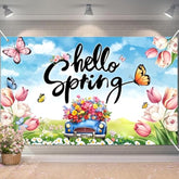 Hello Spring Banner 71X43 Inches Floral Vintage Car Spring Party Banner Garden Yard Decor Butterfly Tulip Spring Decoration Banner Farmhouse Outdoor Photography Background Wall Decor