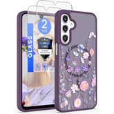 For Samsung Galaxy A16 5G Floral Phone Case With 2X Screen Protector, Military Grade Magnetic Translucent Matte Girls Women Flower Pattern Protective Cover For A16 5G (Deep Purple)