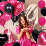 29pcs Black & Hot Pink Happy Birthday Balloons with Foil Hearts for Milestone Parties