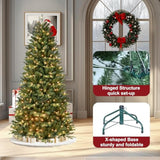 7Ft Prelit Artificial Christmas Tree With 400 Lights, Easy Assembly Hinge Design Skinny Xmas Trees, 1316 Pe&Pvc Mixed Branch Tips, Green