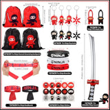112 Pcs Ninja Pirate Party Favors With Drawstring Backpack Headband Inflatable Sword Bracelet Sticker Keychain Stretch Ninja Or Pirate Eye Mask For Karate Birthday (Ninja Style)