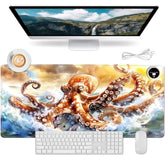 Heated Mouse Pad, Pu Leather Heated Desk Pad, Fast Warm Desk Mat With 5 Heating Levels, 31.5" X 13" Mousepad For Home Office Gaming, Octopus